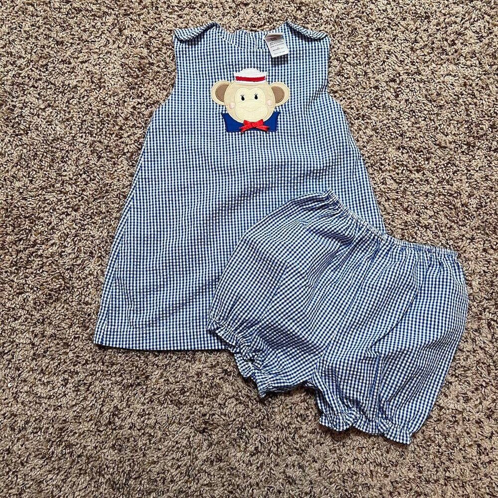ZU Blue Gingham Girls Dress & Bloomers with Monkey Appliqué Size 24m
